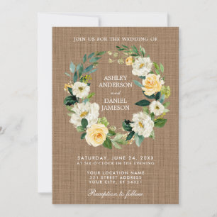 Rustikales Hochzeitburlap-Gelbe Weiße Blumenreste Einladung