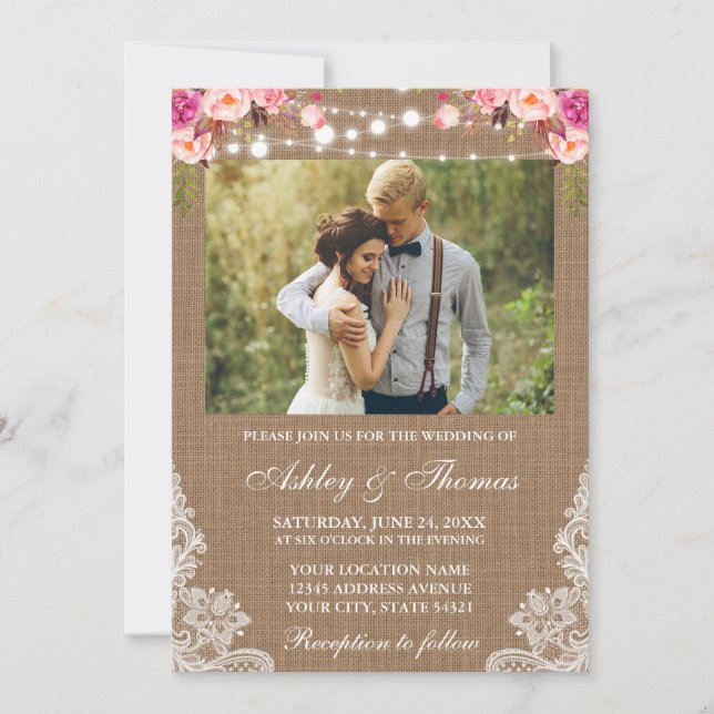 Rustikales Hochzeitburlap Lights Lace Floral Foto Einladung (Vorderseite)