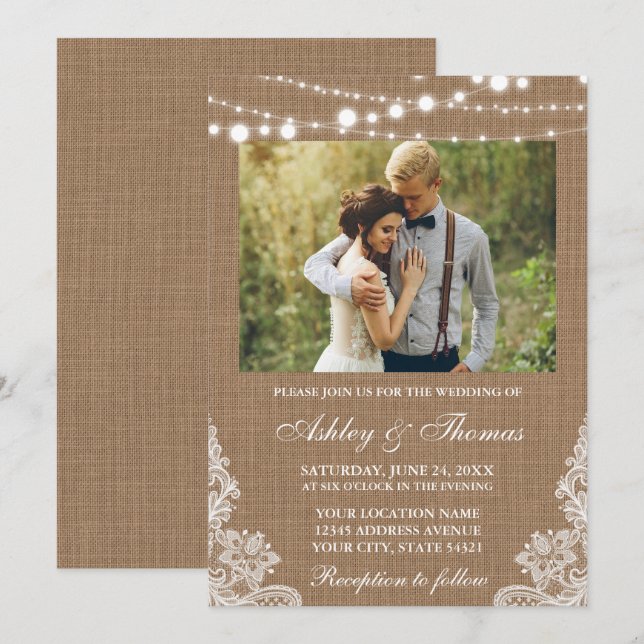 Rustikales Hochzeitburlap Lights Lace Foto Einladung (Vorne/Hinten)