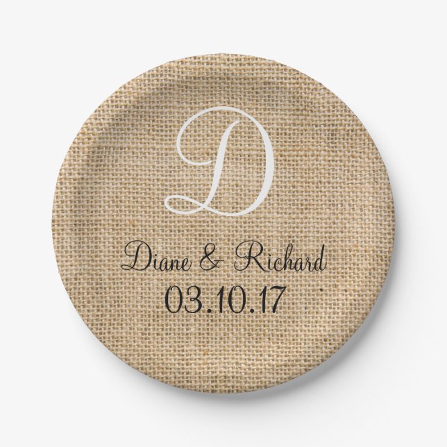 Rustikales Hochzeitburlap-Name Datum Monogramm Pappteller (Vorderseite)
