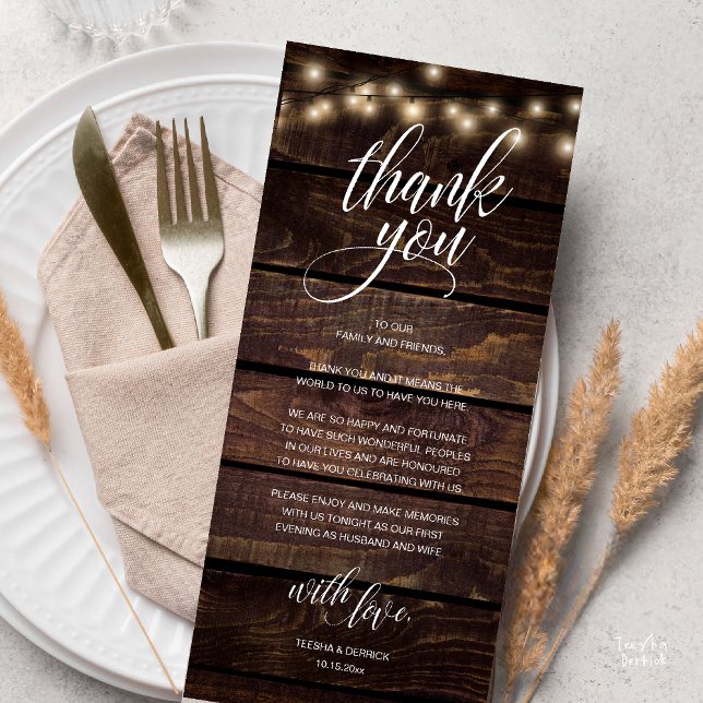 Rustikales Hochzeitessen Probe Dinner Danke Karte (Modern Rustic Wedding Reception Dinner Lunch Brunch Thank You Card String Lights Dark Wood)