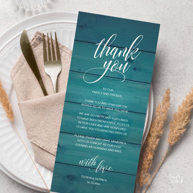 Rustikales Hochzeitessen Probe Dinner Danke Karte (Modern Rustic Wedding Reception Dinner Lunch Brunch Thank You Card Blue Green Teal)