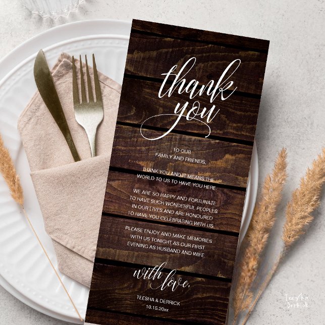 Rustikales Hochzeitessen Probe Dinner Danke Karte (Modern Rustic Wedding Reception Dinner Lunch Brunch Thank You Card Dark Wood)