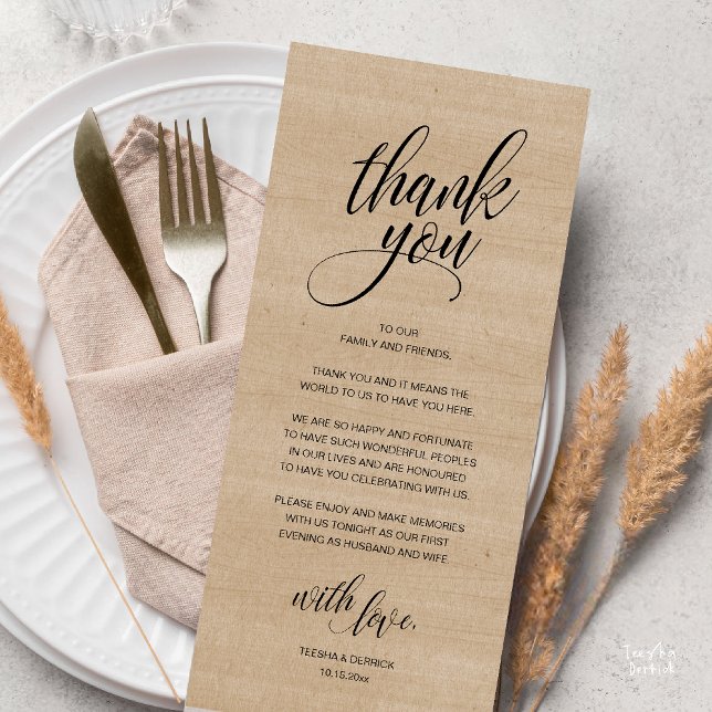 Rustikales Hochzeitessen Probe Dinner Danke Karte (Modern Rustic Wedding Reception Dinner Lunch Brunch Thank You Card Brown Village Wood )