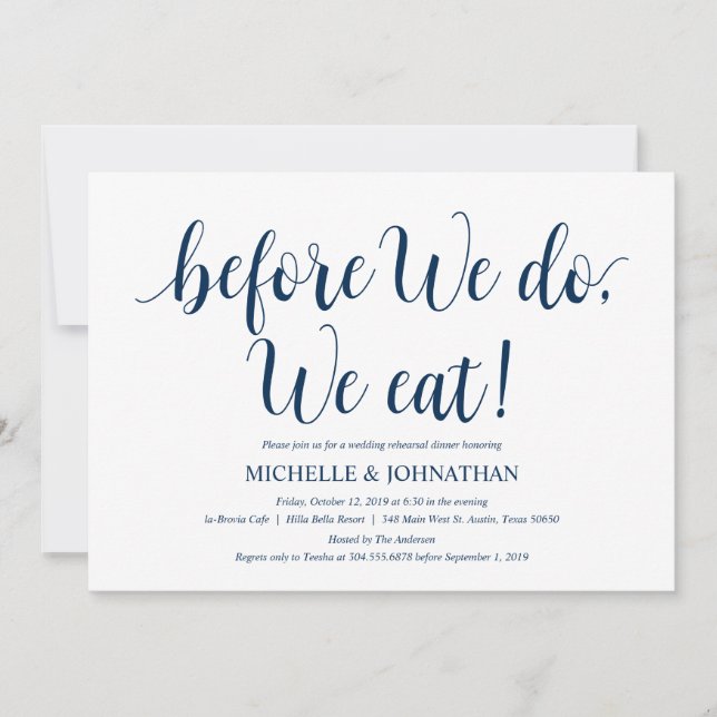 Rustikales Hochzeitessen, Probe Navy Blue Einladung (Vorderseite)