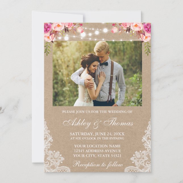 Rustikales Hochzeitlicht Lace Floral Foto Kraft Einladung (Vorderseite)