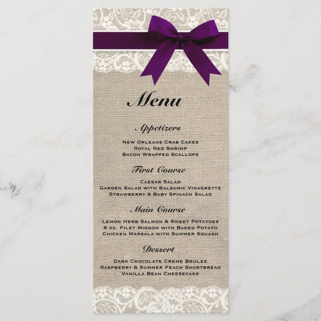 Rustikales Hochzeitmenü für Burlap & Lace Plum Menükarte (Vorderseite)