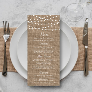 Rustikales Hochzeitmenü für Burlap-String-Lichter Werbekarte