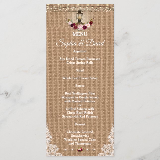 Rustikales Hochzeitmenü für Spitzenreiter Menükarte (Vorderseite)