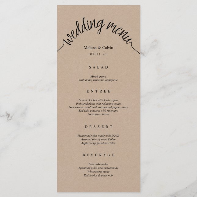 Rustikales Hochzeitmenü mit brauner Kraft-Karte Menükarte (Vorderseite)