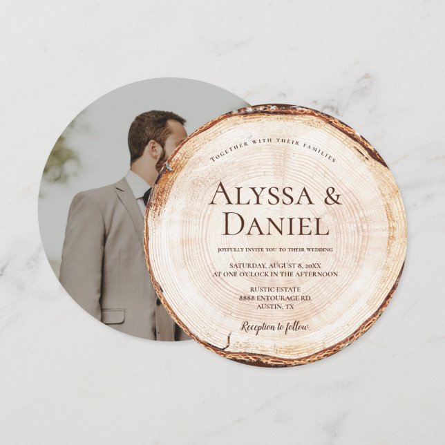 Rustikales Hochzeitsholz-Foto Einladung (Vorne/Hinten)