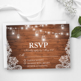 Rustikales Hochzeitsholz Jar String Lights Lace UA RSVP Karte