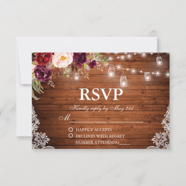 Rustikales Hochzeitsholz Jars Lace Floral UAWG RSVP Karte (Vorderseite)