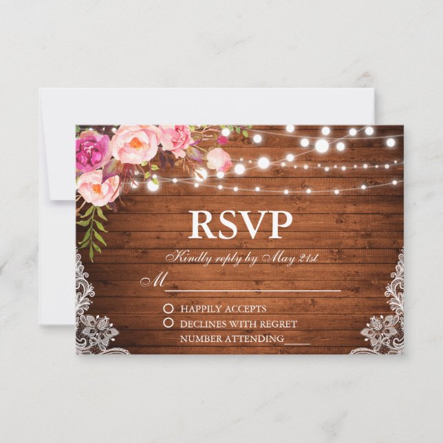 Rustikales Hochzeitsholz mit blühenden Lichtern La RSVP Karte (Vorderseite)