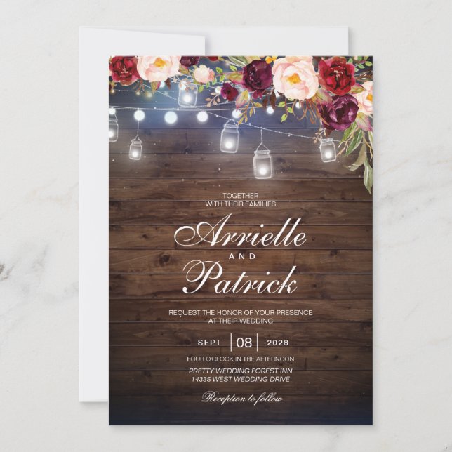 Rustikales Hochzeitsholz verleiht Burgunder-Flora Einladung (Vorderseite)