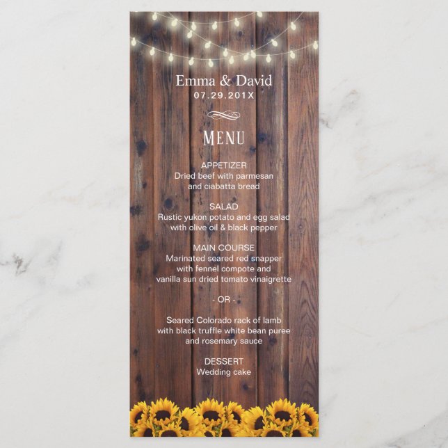 Rustikales Hochzeitsmenü für Sonnenblumen und Lich Menükarte (Vorderseite)