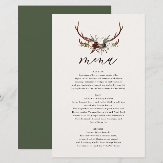 Rustikales Hochzeitsmenü mit Blumenkost und Staffe (Vorne/Hinten)
