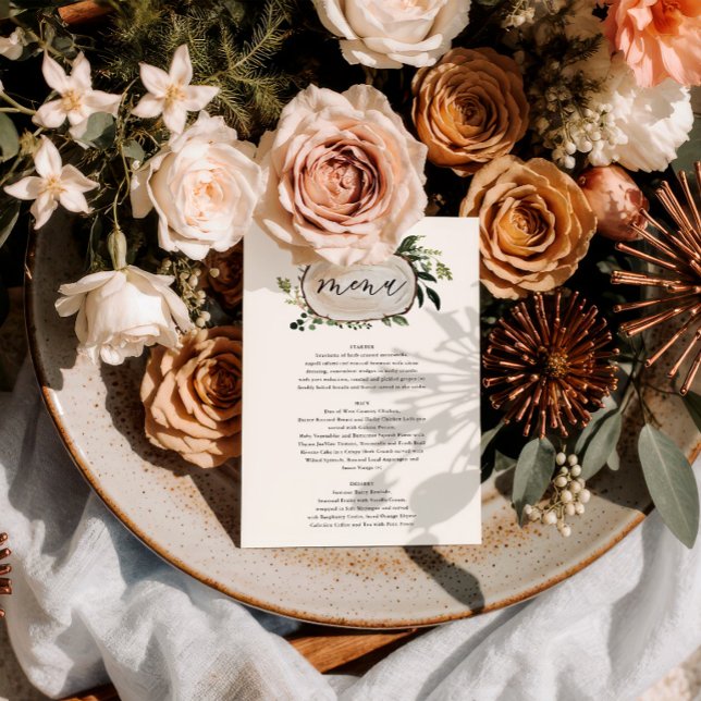 Rustikales Hochzeitsmenü mit Blumenkost und Staffe (Von Creator hochgeladen)
