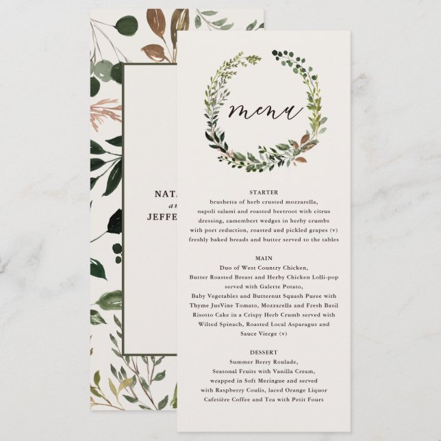 Rustikales Hochzeitsmenü mit Blumenkost und Staffe Menükarte (Vorne/Hinten)