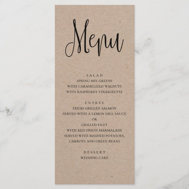 Rustikales Hochzeitsmenü. Speisekarte mit modernen Menükarte (Vorderseite)