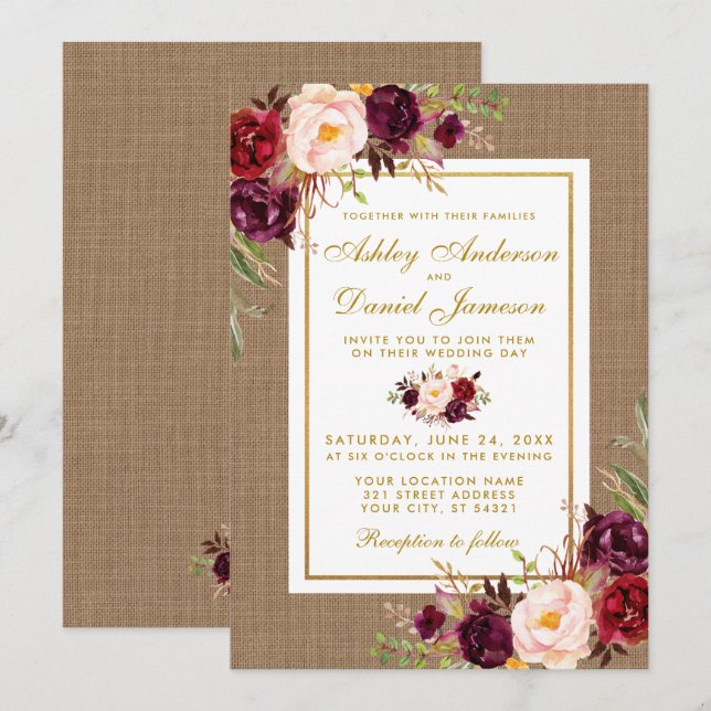 Rustikales Hochzeitspazierenburlap Burgundy Wedite Einladung (Vorne/Hinten)