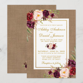 Rustikales Hochzeitspazierenburlap Burgundy Wedite Einladung