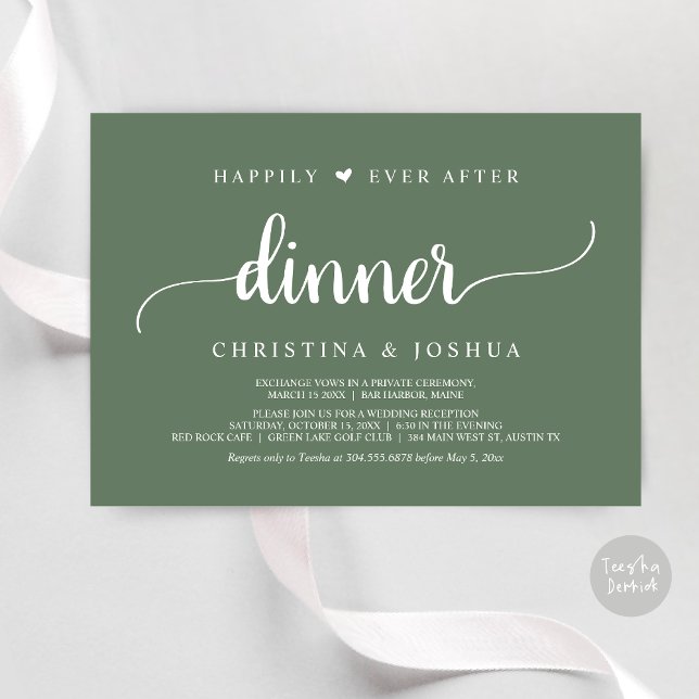 Rustikales Hochzeitspazierengehen glücklich immer  Einladung (Happily Ever After Dinner Invitation Card, Modern Elopement Rustic Script, PDF, Forest Sage Green)
