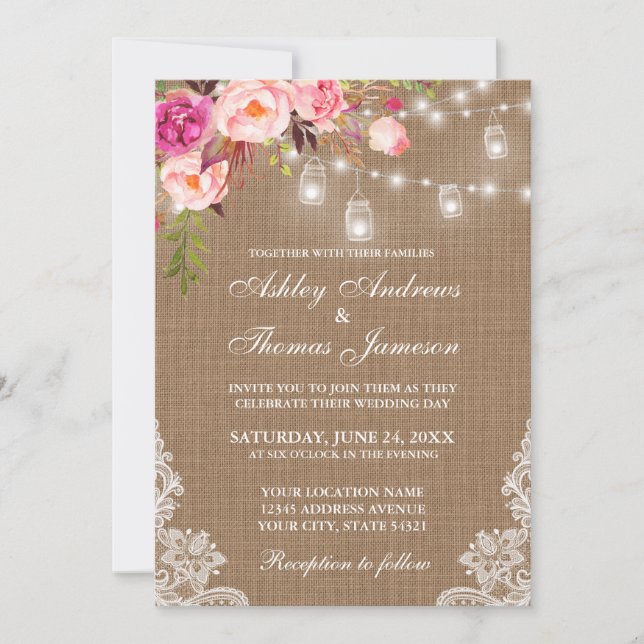 Rustikales Hochzeitspazierenlicht Jars Lace Pink F Einladung (Vorderseite)