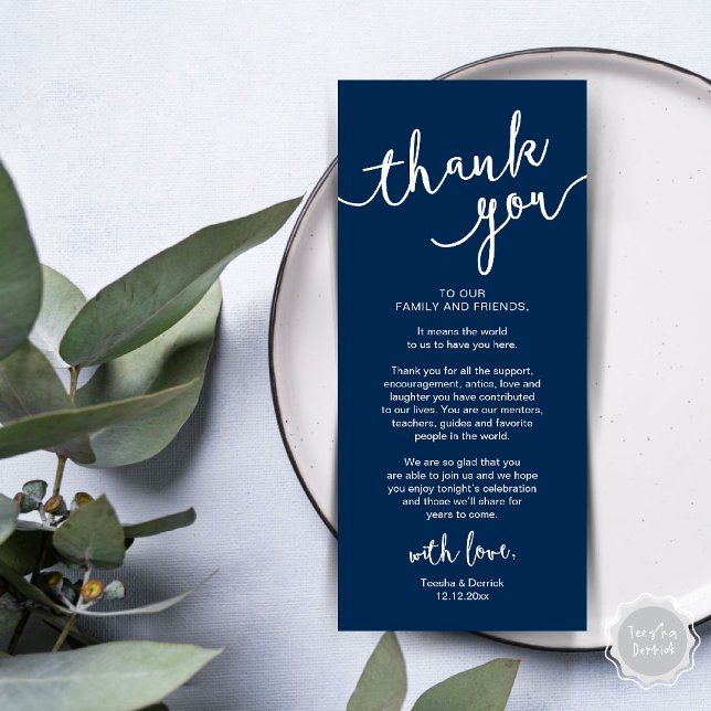 Rustikales Hochzeitsplatz Abendessen dank Karte (Rustic Wedding Place Setting Rehearsal Dinner Thank you Card Plate Decor Navy Blue)