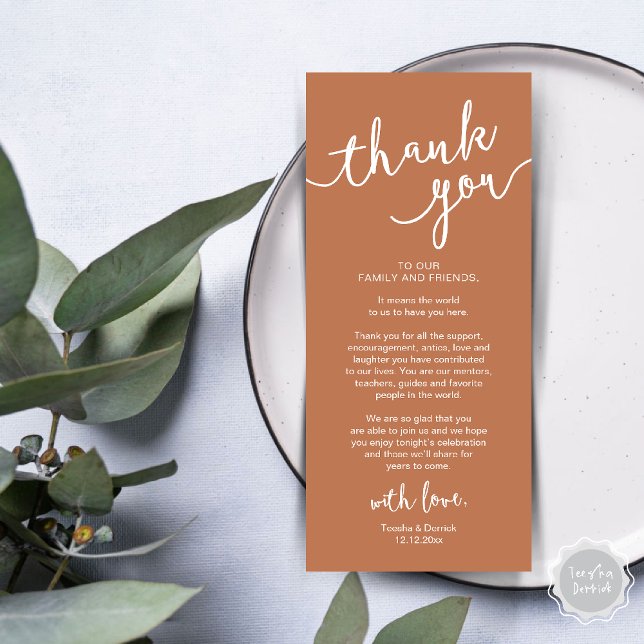 Rustikales Hochzeitsplatz Abendessen dank Karte (Rustic Wedding Place Setting Rehearsal Dinner Thank you Card Plate Decor Copper Terracotta Brown)