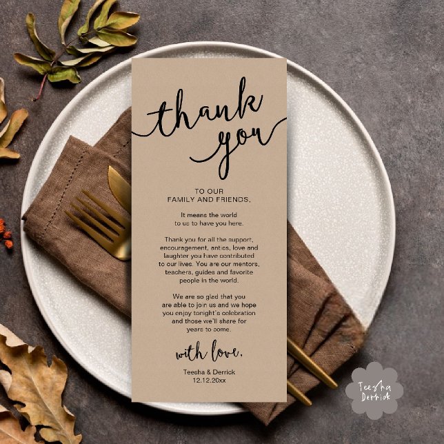 Rustikales Hochzeitsplatz Abendessen dank Karte (Rustic Wedding Place Setting Rehearsal Dinner Thank you Card in cottage brown kraft theme)