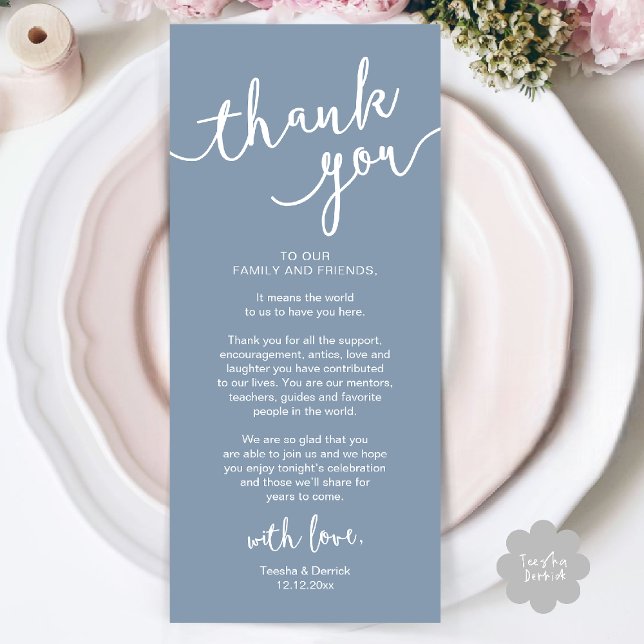 Rustikales Hochzeitsplatz Abendessen dank Karte (Rustic Wedding Place Setting Rehearsal Dinner Thank you Card Plate Decor Dusty Blue)
