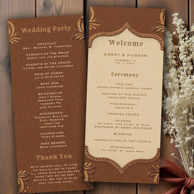 Rustikales Hochzeitsprogramm aus Terrakotta mit We (country rustic cowboy wedding program faux tooled leather terracotta bronze rust copper western barn)