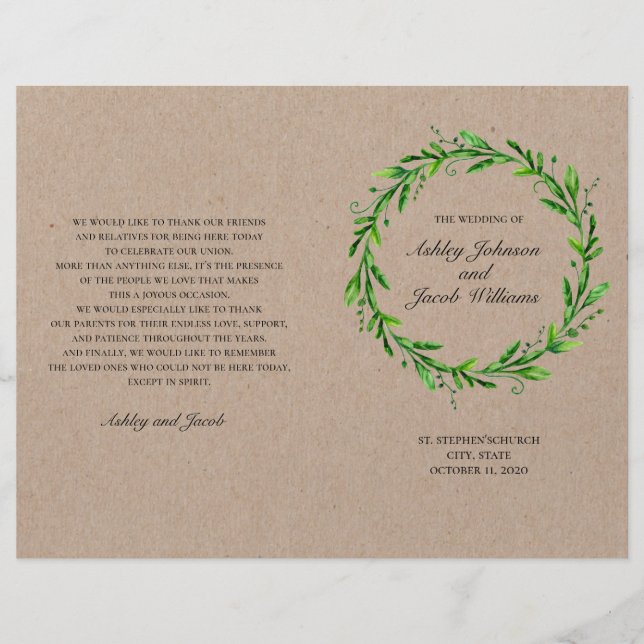Rustikales Hochzeitsprogramm. Country grün botanis (Vorderseite)