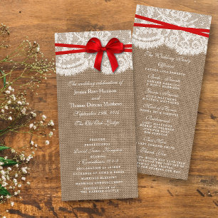 Rustikales Hochzeitsprogramm für Burlap, Lace & Re Werbekarte