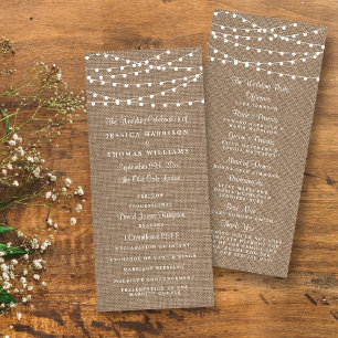 Rustikales Hochzeitsprogramm für Burlap-Lichter Werbekarte