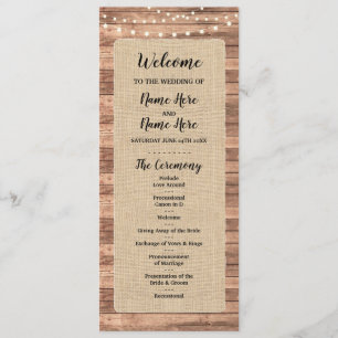 Rustikales Hochzeitsprogramm für Burlap Wood Light Programm