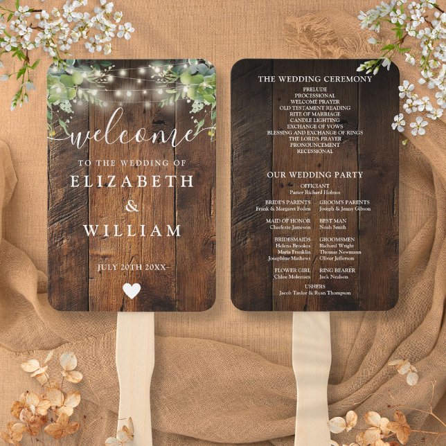 Rustikales Hochzeitsprogramm für die grünen Lichte Fächer (Rustic Wood String Lights Greenery Wedding Program Hand Fan)
