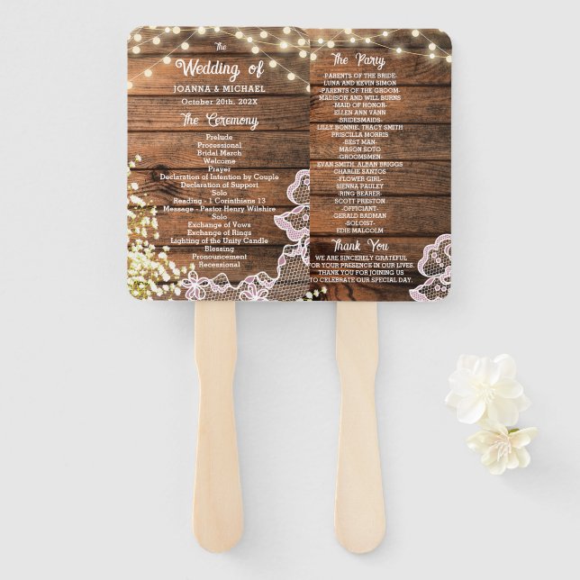 Rustikales Hochzeitsprogramm für Holzschnitte und  Fächer (Vorne und Hinten)