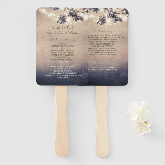 Rustikales Hochzeitsprogramm für Lichter und Branc Fächer (Vorne und Hinten)