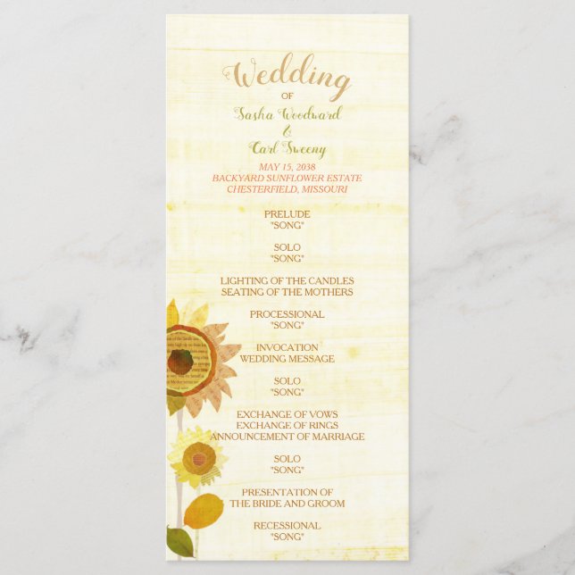 Rustikales Hochzeitsprogramm für Sonnenblumen im H Programm (Vorderseite)