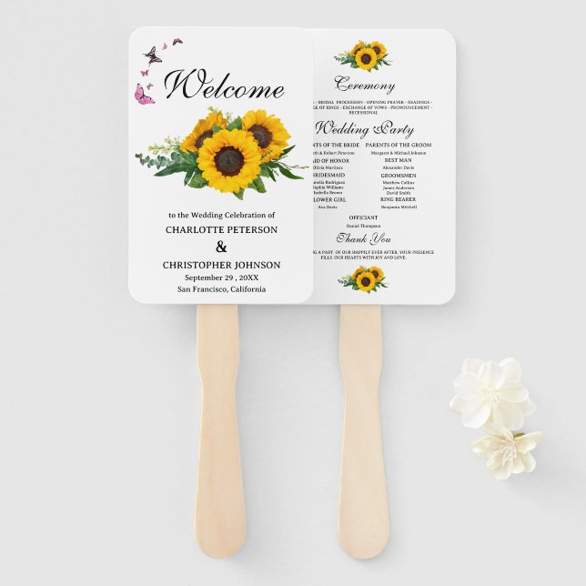 Rustikales Hochzeitsprogramm für Sonnenblumen und  Fächer (Vorne und Hinten)