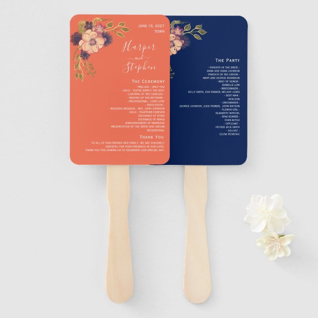 Rustikales Hochzeitsprogramm-Handfächer mit Blumen Fächer (Vorne und Hinten)