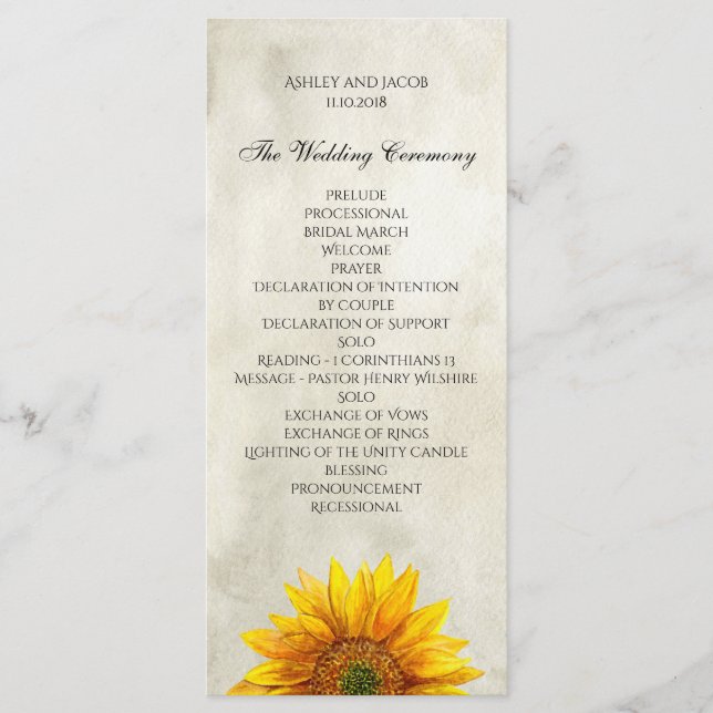 Rustikales Hochzeitsprogramm. Sonnenblumen-Zeremon Programm (Vorderseite)