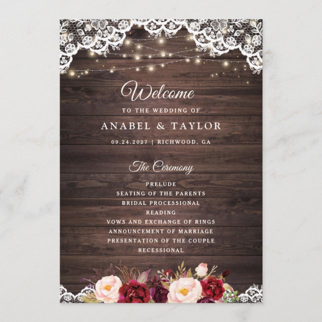 Rustikales Hochzeitsprogramm "Wood Lace Blush Burg Programm (Vorderseite)