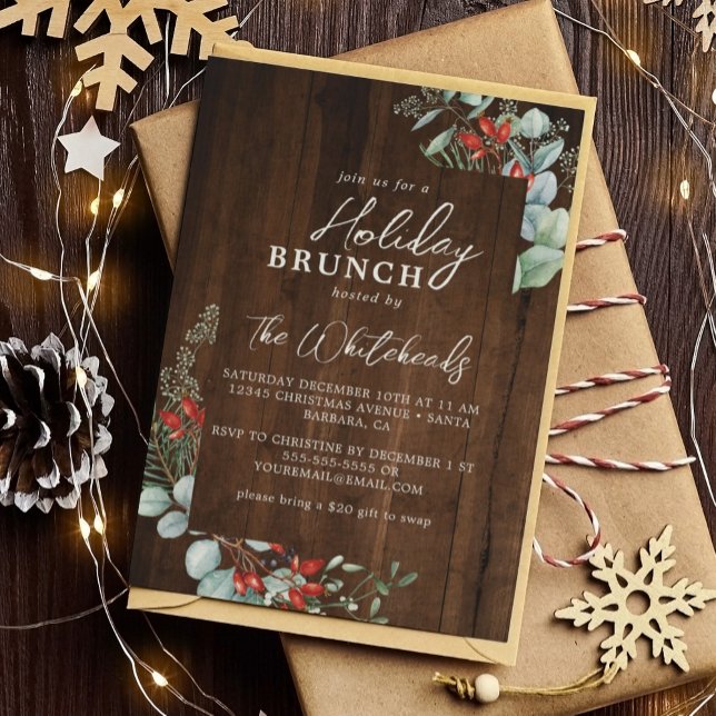 Rustikales Holiday Brunch Wasserfarbe Holly Dark W Einladung (Invite family and friends to your holiday brunch with this rustic watercolor holly greenery invite.)