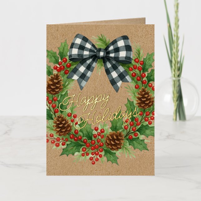 Rustikales Holly Wreath White Black Checkered Bow  (Vorderseite)
