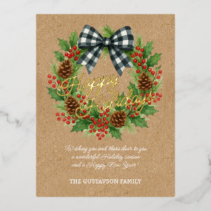 Rustikales Holly Wreath White Black Checkered Bow  Folien Feiertagspostkarte