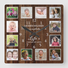 Rustikales Holz 12 Foto Collage Großkinder Zitat Quadratische Wanduhr