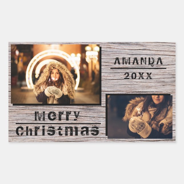 Rustikales Holz 2 Foto Collage Weihnachtsfeiertag Rechteckiger Aufkleber (Vorderseite)